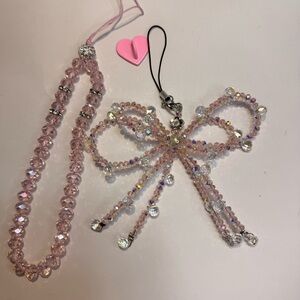 Elegant Pink Beaded glass and metal handmade phone charm/wristlet or bag charm.